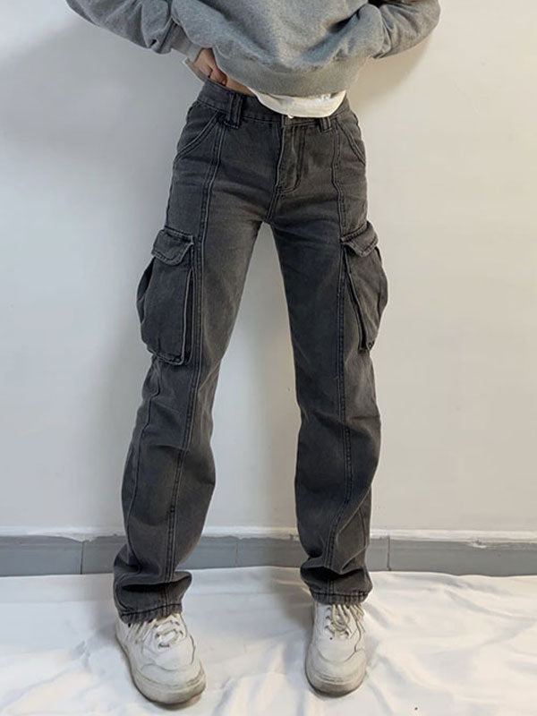 Washed Mid Waist Pocket Cargo Jeans Gray / S Cargo Jeans Main image