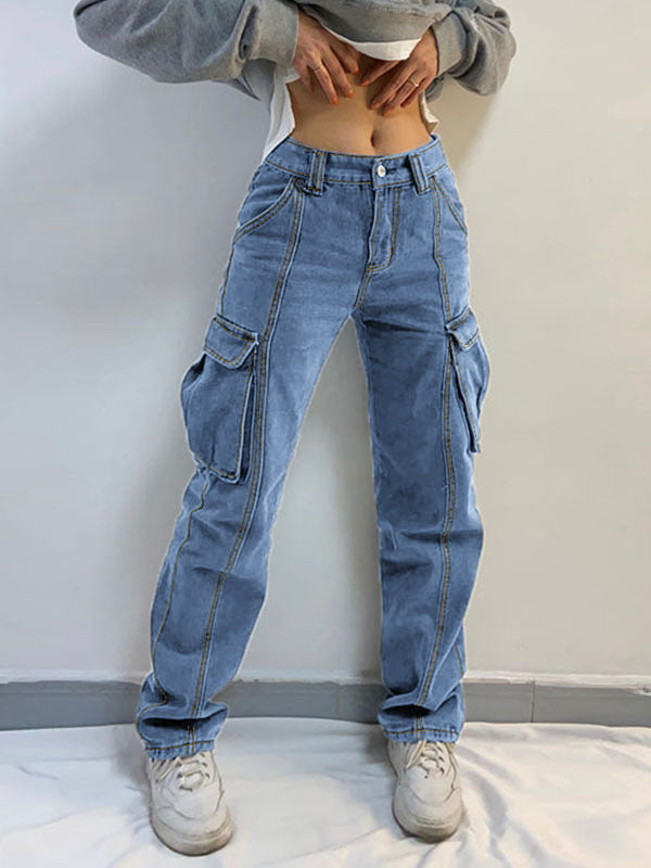Washed Mid Waist Pocket Cargo Jeans Cargo Jeans