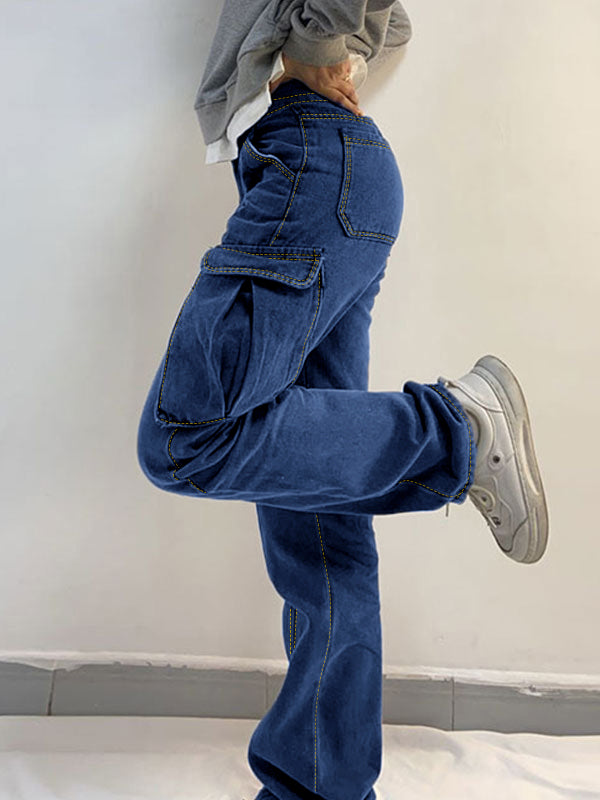 Washed Mid Waist Pocket Cargo Jeans Cargo Jeans