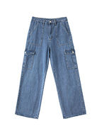 Washed Mid Waist Pocket Cargo Jeans Cargo Jeans