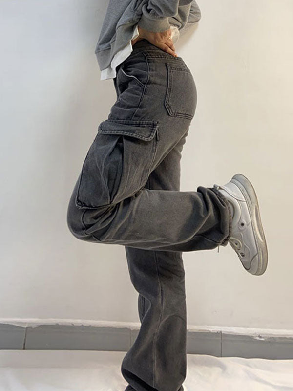 Washed Mid Waist Pocket Cargo Jeans Secondary image