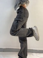 Washed Mid Waist Pocket Cargo Jeans Cargo Jeans