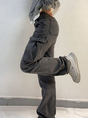 Washed Mid Waist Pocket Cargo Jeans Cargo Jeans