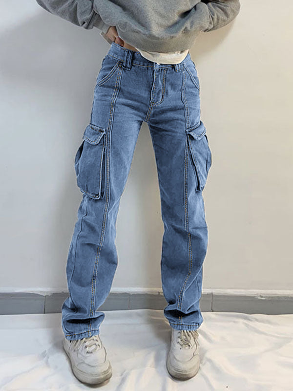 Washed Mid Waist Pocket Cargo Jeans Cargo Jeans