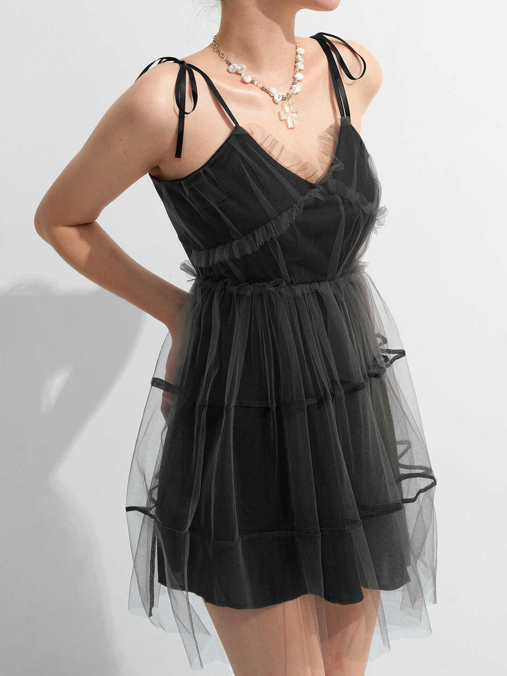 Y2K Gothic Patchwork Mesh Tie Strap Mini Dress Mini Dresses