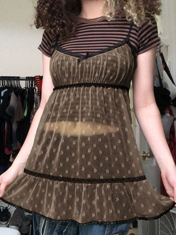 Lace Trim Floral Mini Dress Brown / S Mini Dresses