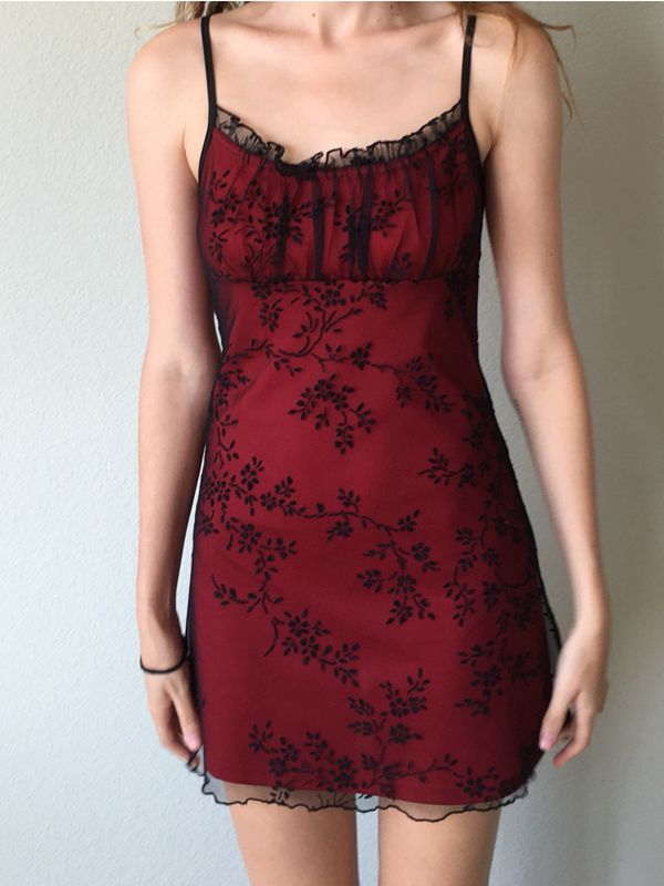 Floral Mesh Paneled Mini Dress Red / S Mini Dresses Main image