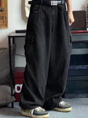 Men’s Cargo Pocket Patched Straight Leg Jeans loose jeans