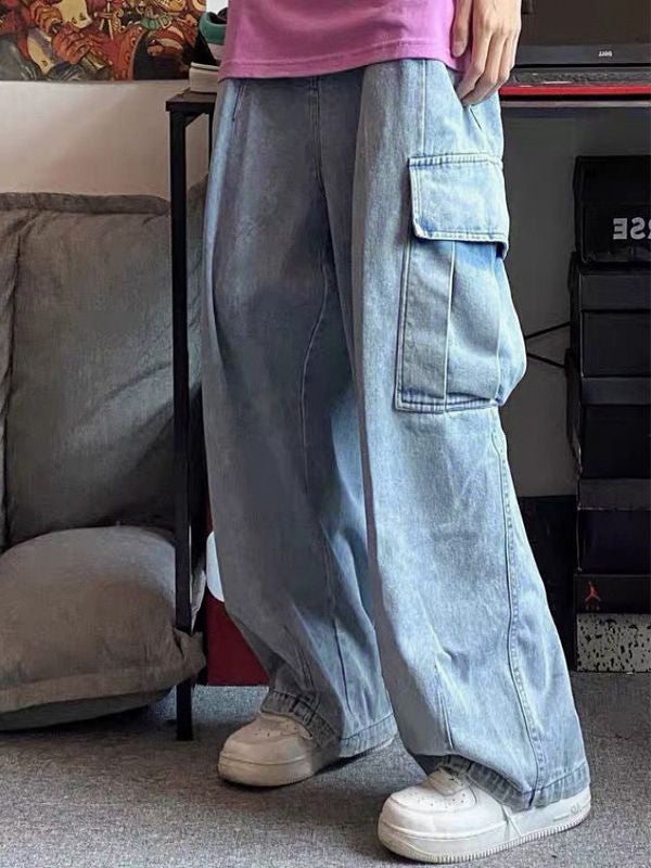 Men’s Cargo Pocket Patched Straight Leg Jeans loose jeans