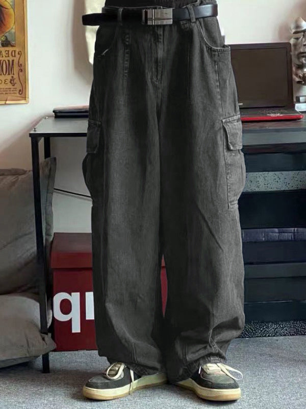 Men’s Cargo Pocket Patched Straight Leg Jeans loose jeans