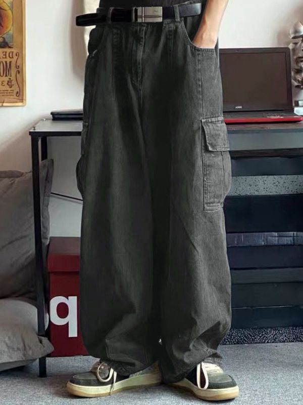 Men’s Cargo Pocket Patched Straight Leg Jeans loose jeans