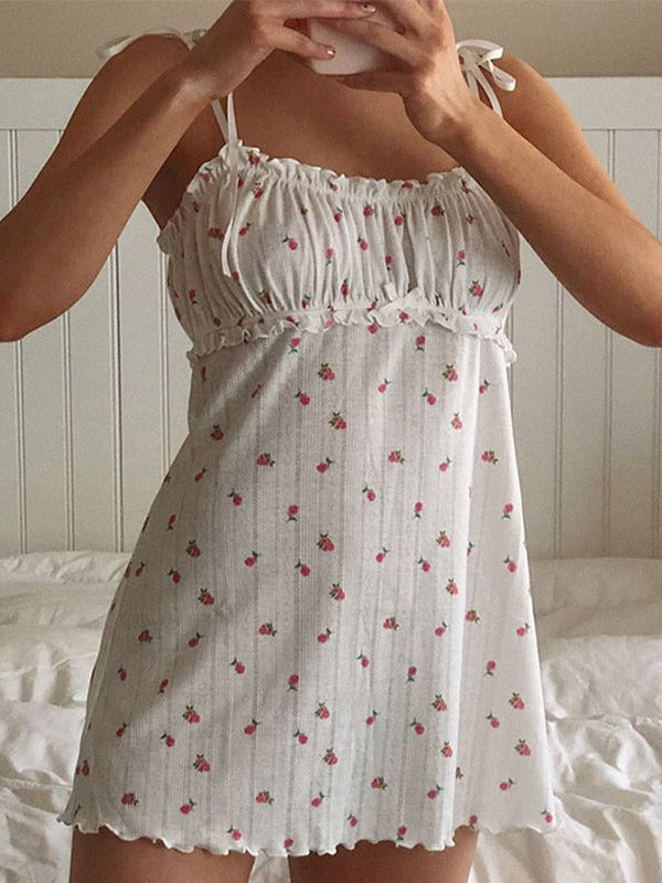 Tie Strap Frill Trim Floral Mini Dress White / S Mini Dresses Main image