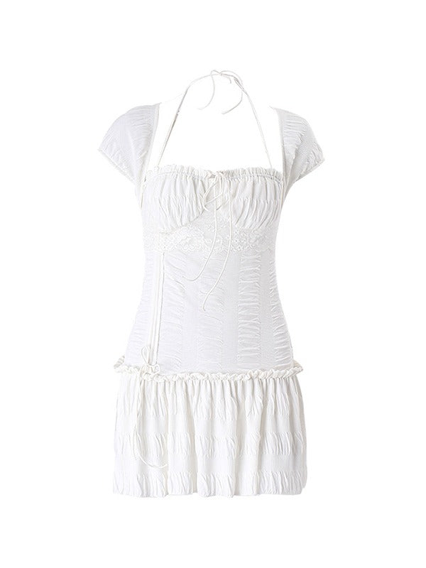 Lace Up Ruffle Halter Mini Dress Mini Dresses