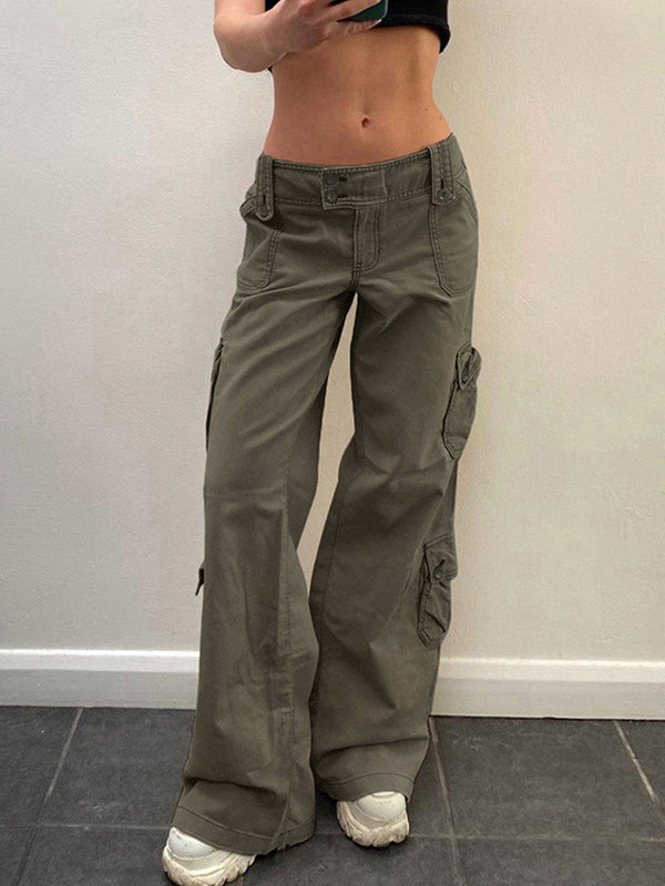 Buttoned Straight Leg Cargo Jeans Gray / S Cargo Jeans Main image