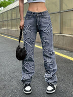 Letter Patch Faded Boyfriend Jeans Boyfriend Jeans