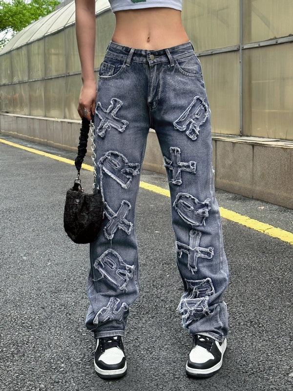 Letter Patch Faded Boyfriend Jeans Boyfriend Jeans