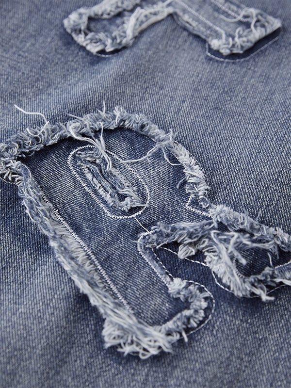 Letter Patch Faded Boyfriend Jeans Boyfriend Jeans