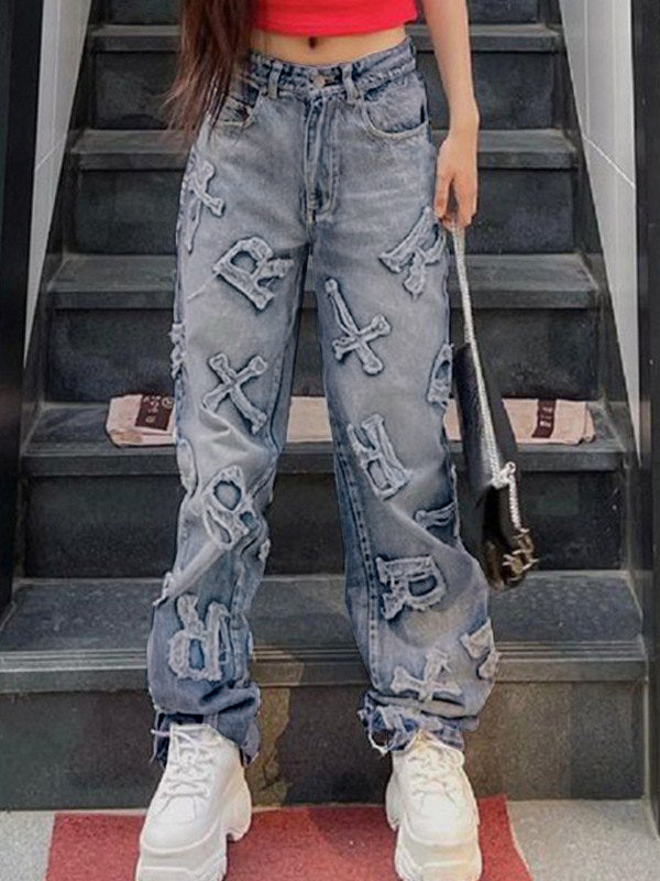 Letter Patch Faded Boyfriend Jeans Navy Blue / S Boyfriend Jeans