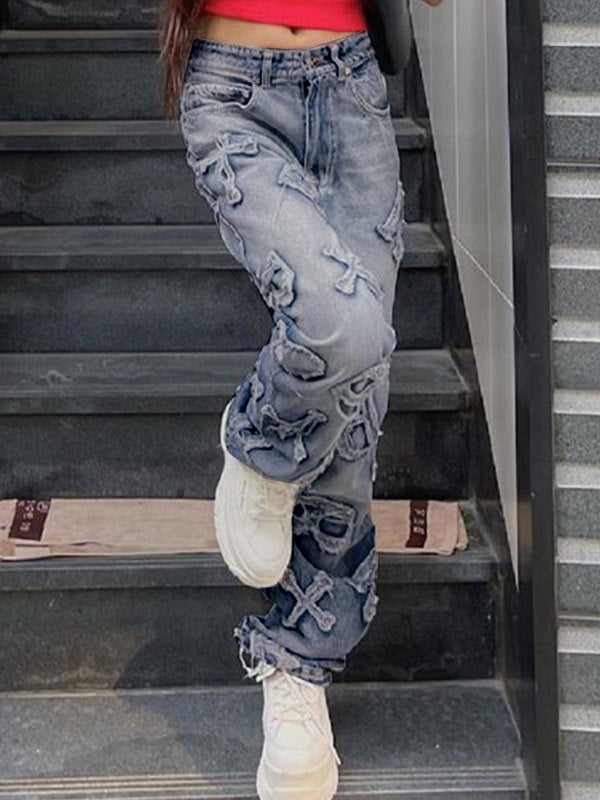Letter Patch Faded Boyfriend Jeans Boyfriend Jeans