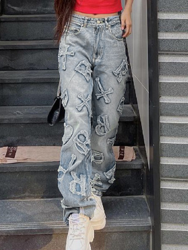 Letter Patch Faded Boyfriend Jeans Boyfriend Jeans