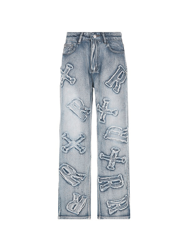 Letter Patch Faded Boyfriend Jeans Boyfriend Jeans
