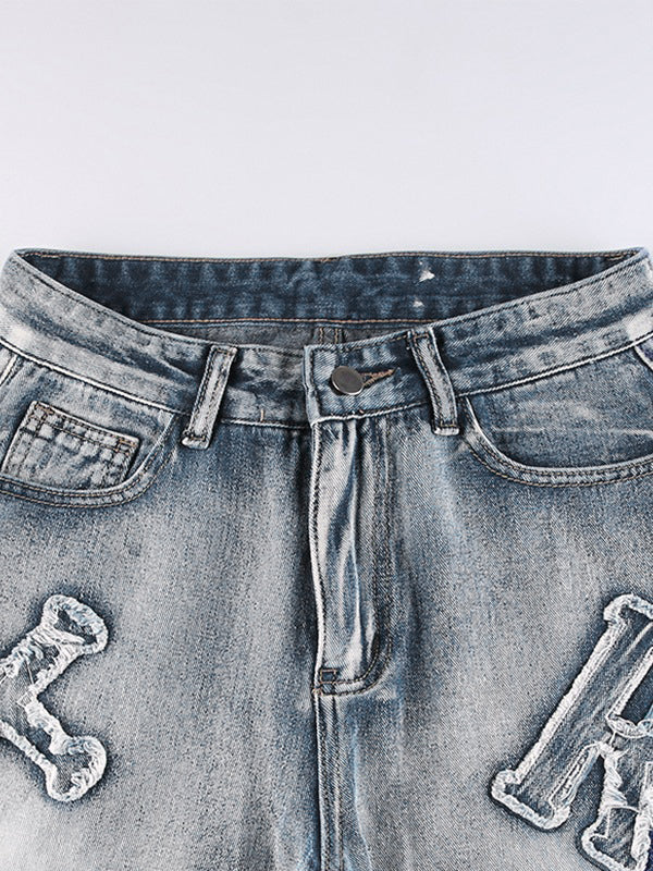 Letter Patch Faded Boyfriend Jeans Boyfriend Jeans