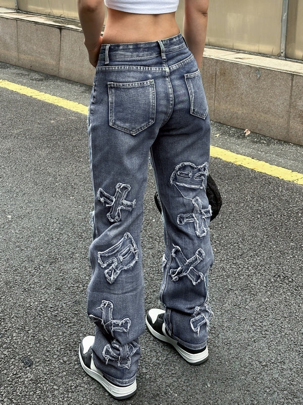 Letter Patch Faded Boyfriend Jeans Boyfriend Jeans