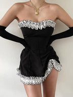 Gloves Detail Strapless Black Mini Dress Black / S Mini Dresses