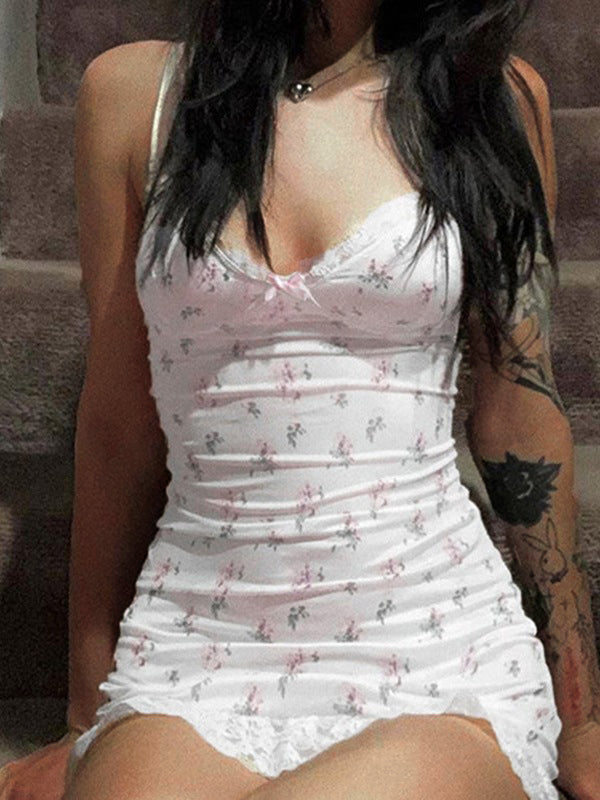 Lace Trim Floral Mini Dress White / S Mini Dresses Main image