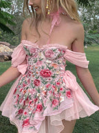 Patchwork Ruffle Bardot Floral Mini Dress Pink / S Mini Dresses