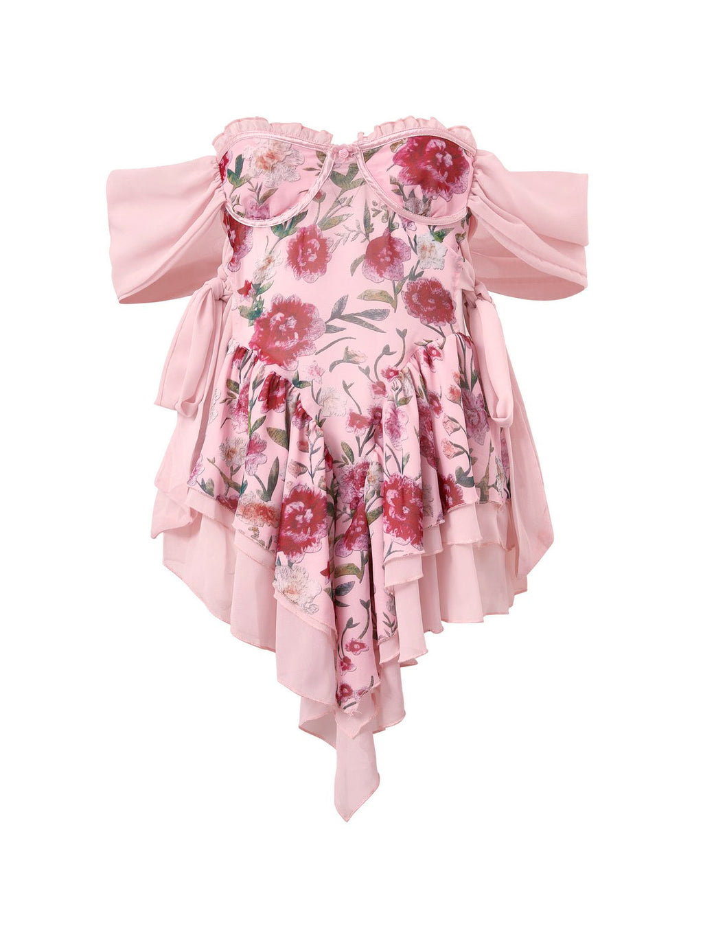Patchwork Ruffle Bardot Floral Mini Dress Mini Dresses
