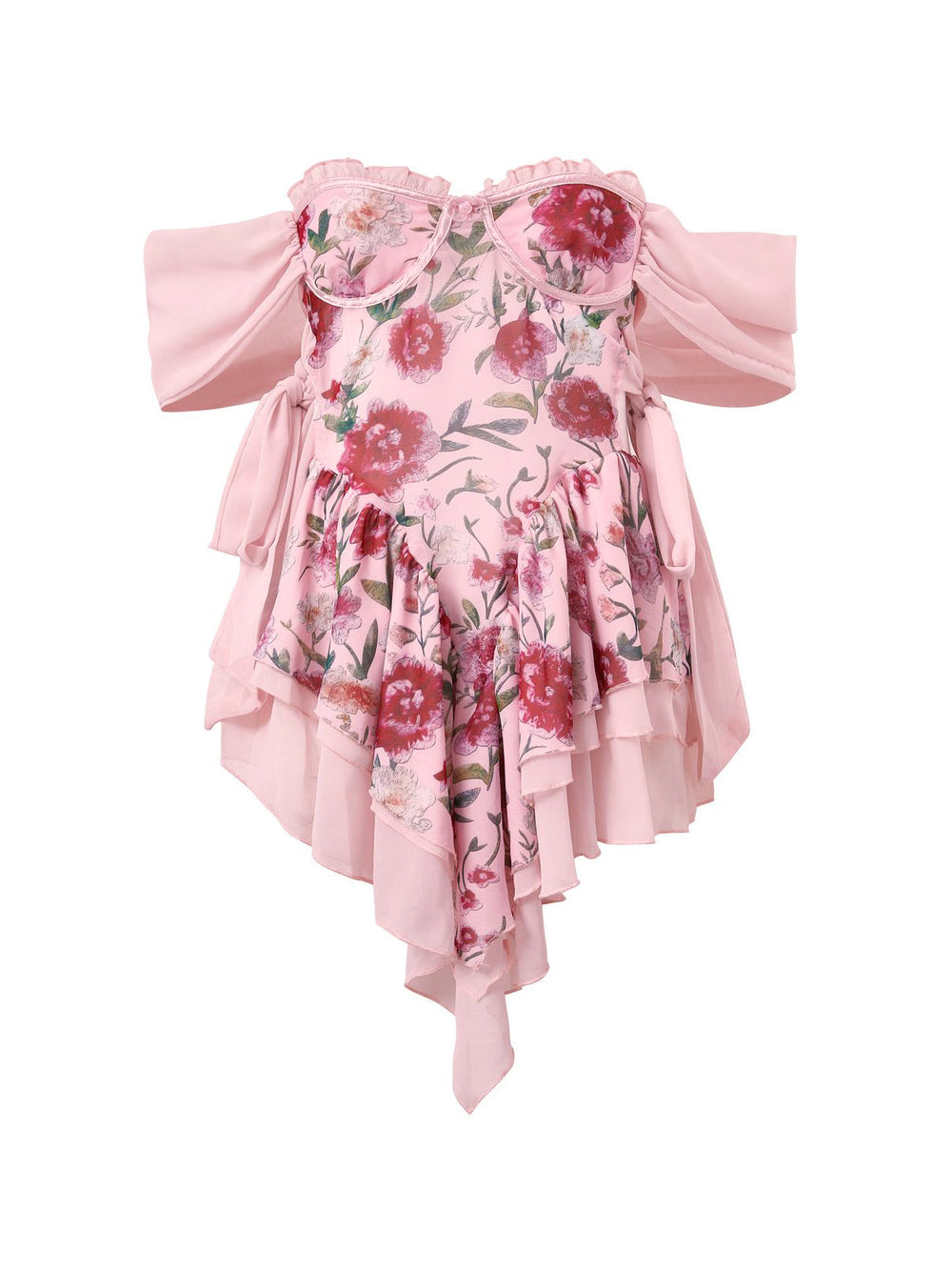 Patchwork Ruffle Bardot Floral Mini Dress Mini Dresses