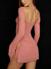 Mesh Tie Strap Halter Long Sleeve Mini Dress Mini Dresses