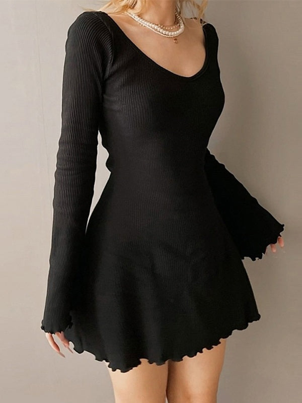 Simple Knitted Long Sleeve Mini Dress Black / S Mini Dresses Main image