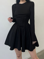 Corset Detail Black Long Sleeve Mini Dress Mini Dresses