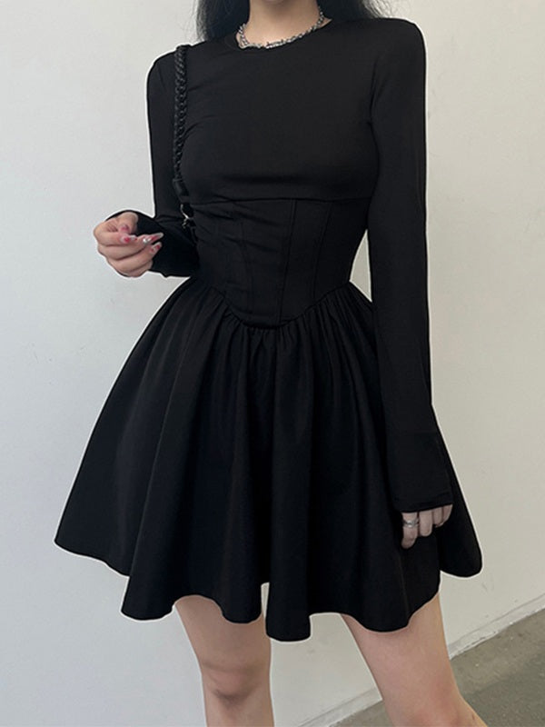 Corset Detail Black Long Sleeve Mini Dress Mini Dresses