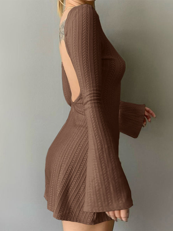 Backless Knitted Long Sleeve Mini Dress Mini Dresses