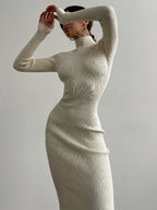 High Neck Ribbed Knit Long Sleeve Maxi Dress Maxi Dresses