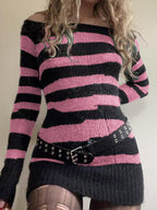 Off Shoulder Striped Knitted Mini Dress Pink / S Mini Dresses
