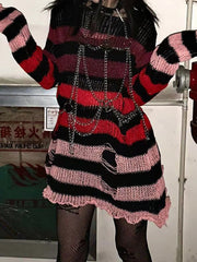 Gradient Striped Distressed Long Sleeve Mini Dress Mini Dresses