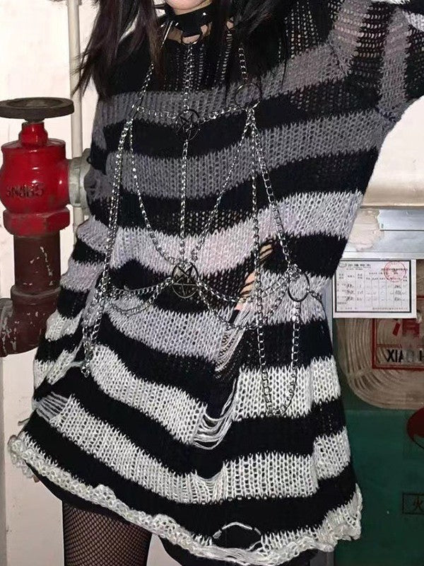 Gradient Striped Distressed Long Sleeve Mini Dress Gray / ONE SIZE Mini Dresses