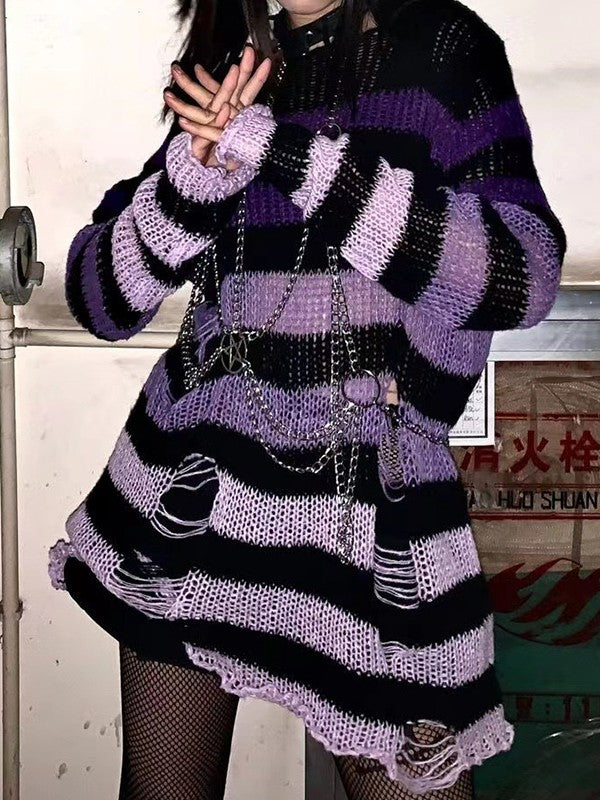 Gradient Striped Distressed Long Sleeve Mini Dress Purple / ONE SIZE Mini Dresses