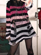 Gradient Striped Distressed Long Sleeve Mini Dress Mini Dresses