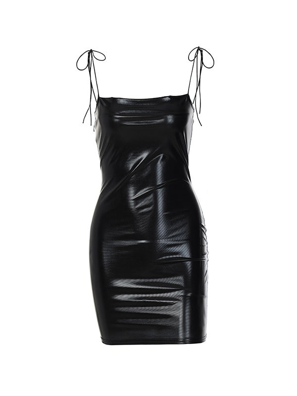 Metallic Pu Leather Slip Mini Dress Mini Dresses
