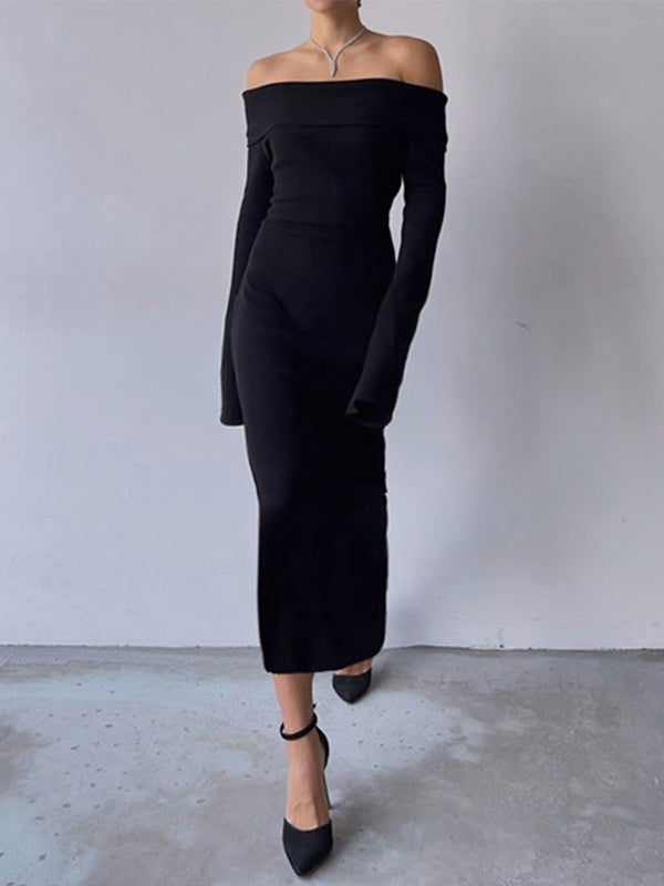 Off Shoulder Black Long Sleeve Knitted Maxi Dress Secondary image