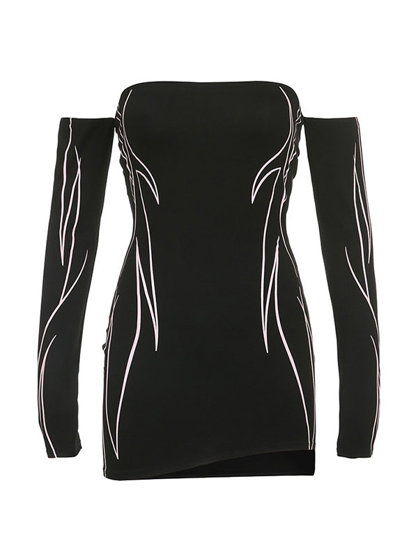 Off Shoulder Black Long Sleeve Mini Dress Mini Dresses