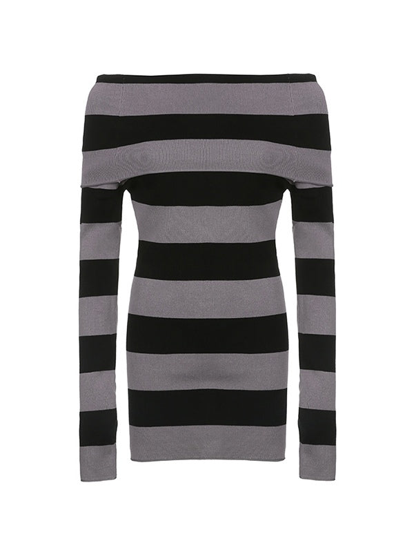 Off Shoulder Long Sleeve Striped Knit Mini Dress Mini Dresses