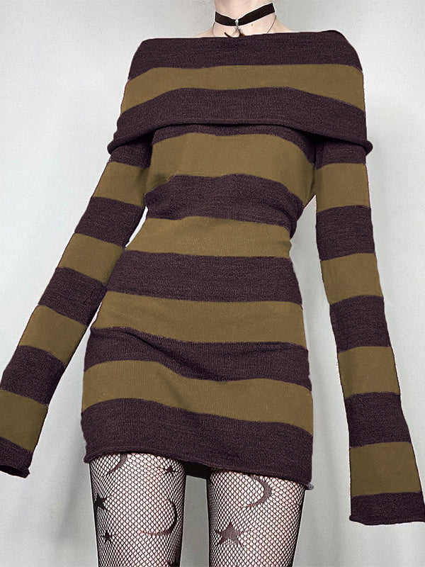 Off Shoulder Long Sleeve Striped Knit Mini Dress Brown / S Mini Dresses