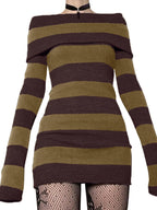 Off Shoulder Long Sleeve Striped Knit Mini Dress Mini Dresses