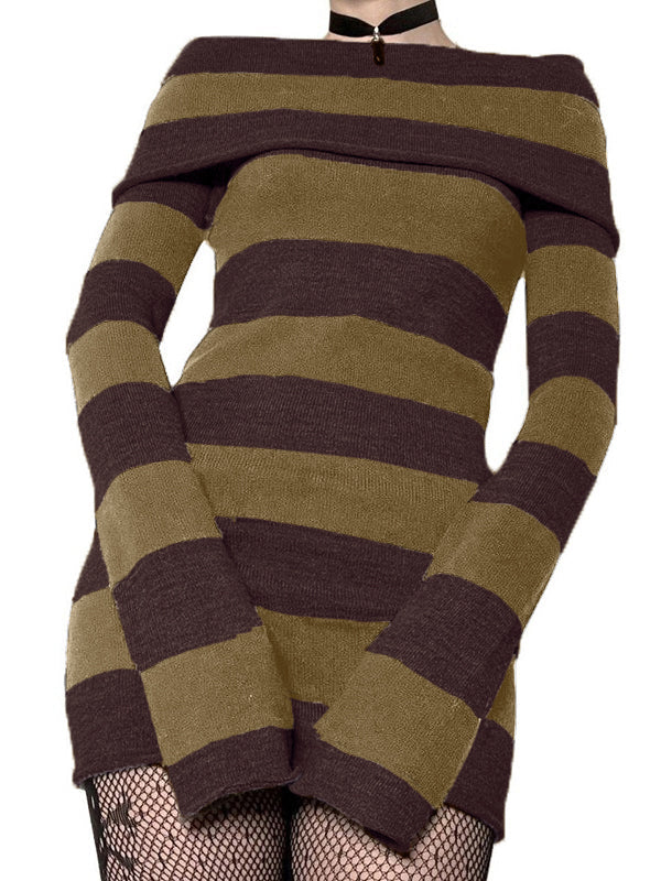 Off Shoulder Long Sleeve Striped Knit Mini Dress Mini Dresses